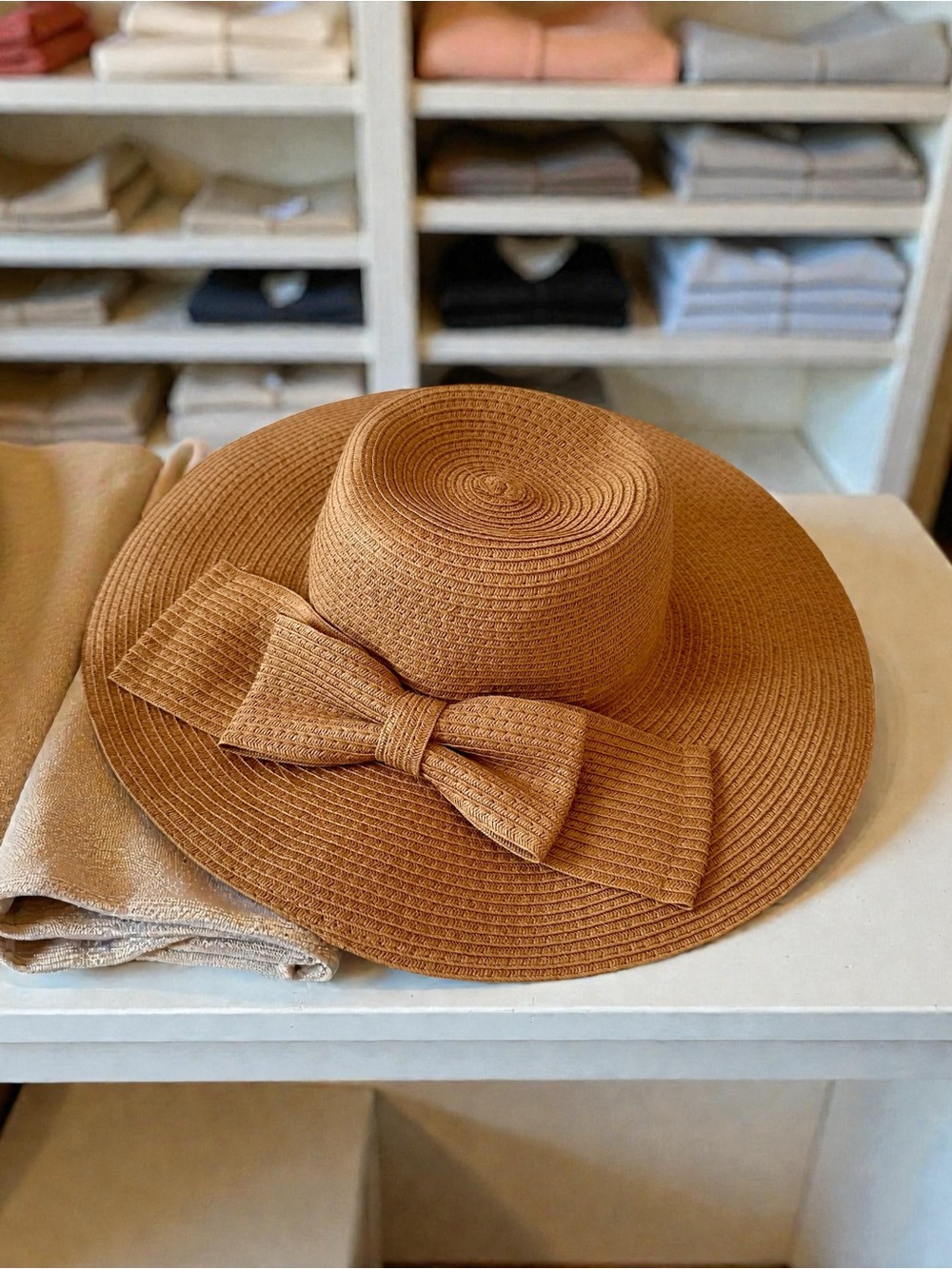 Wide-Brim Straw Sun Hat with Bow in Camel
